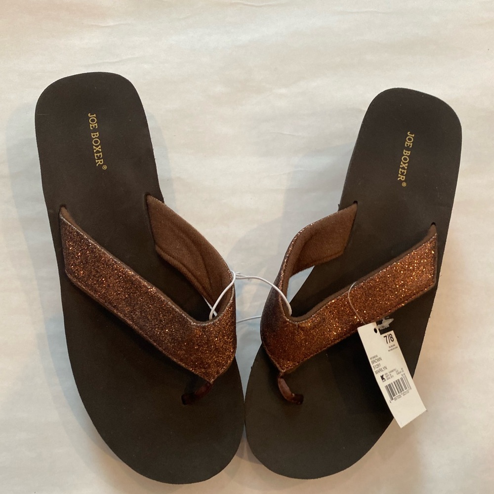 Joe Boxer Women's Merrin Brown Sequin Wedge Slippers Thong Sandal 5/6